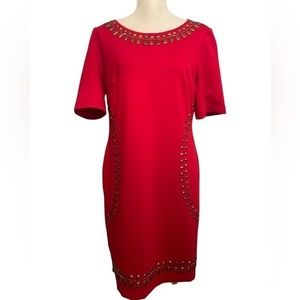 Vintage Designer 90’s Mod Ice Red Bronze Studdded Sleeved Sheath Dress size 14